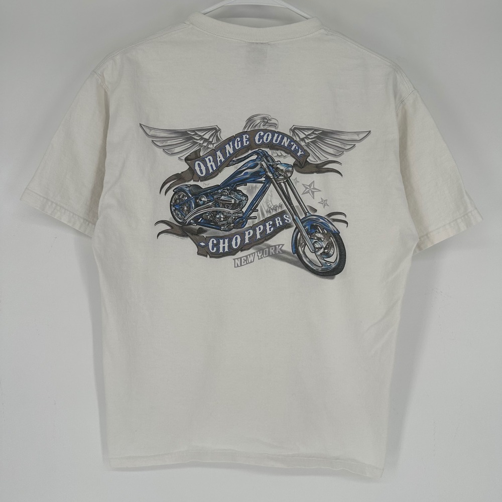 Vintage Y2K Orange County Choppers NY Mens White Graphic Shirt L Fruit of Loom